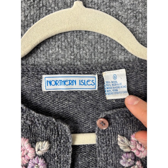 Northern Isles Cardigan Women Small Gray Vintage Wool Blend Floral Embroidered - Picture 5 of 8